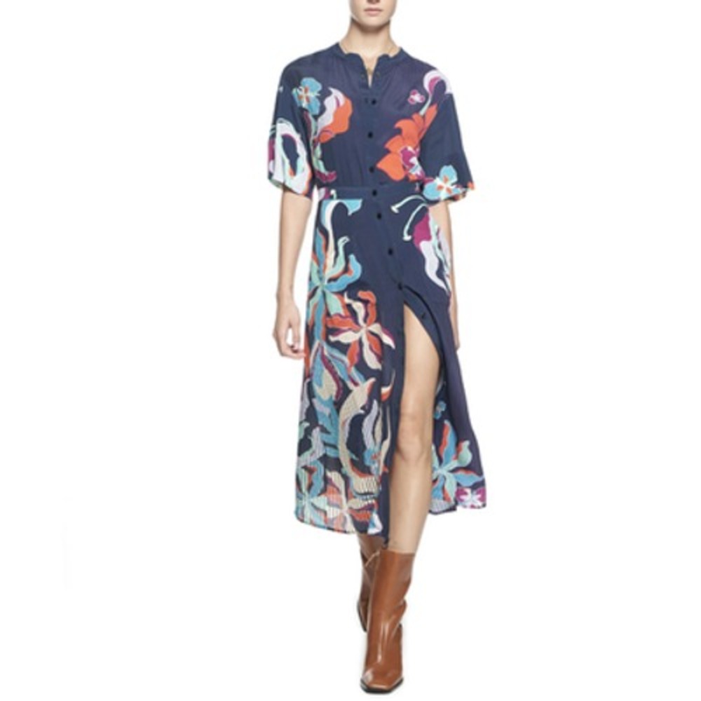 The Kit Shirt Dress Womens 8 Blue Floral Tropical Pleated Button Front Midi